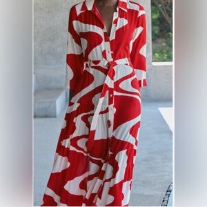 Zara Red and White Swirl Maxi Dress